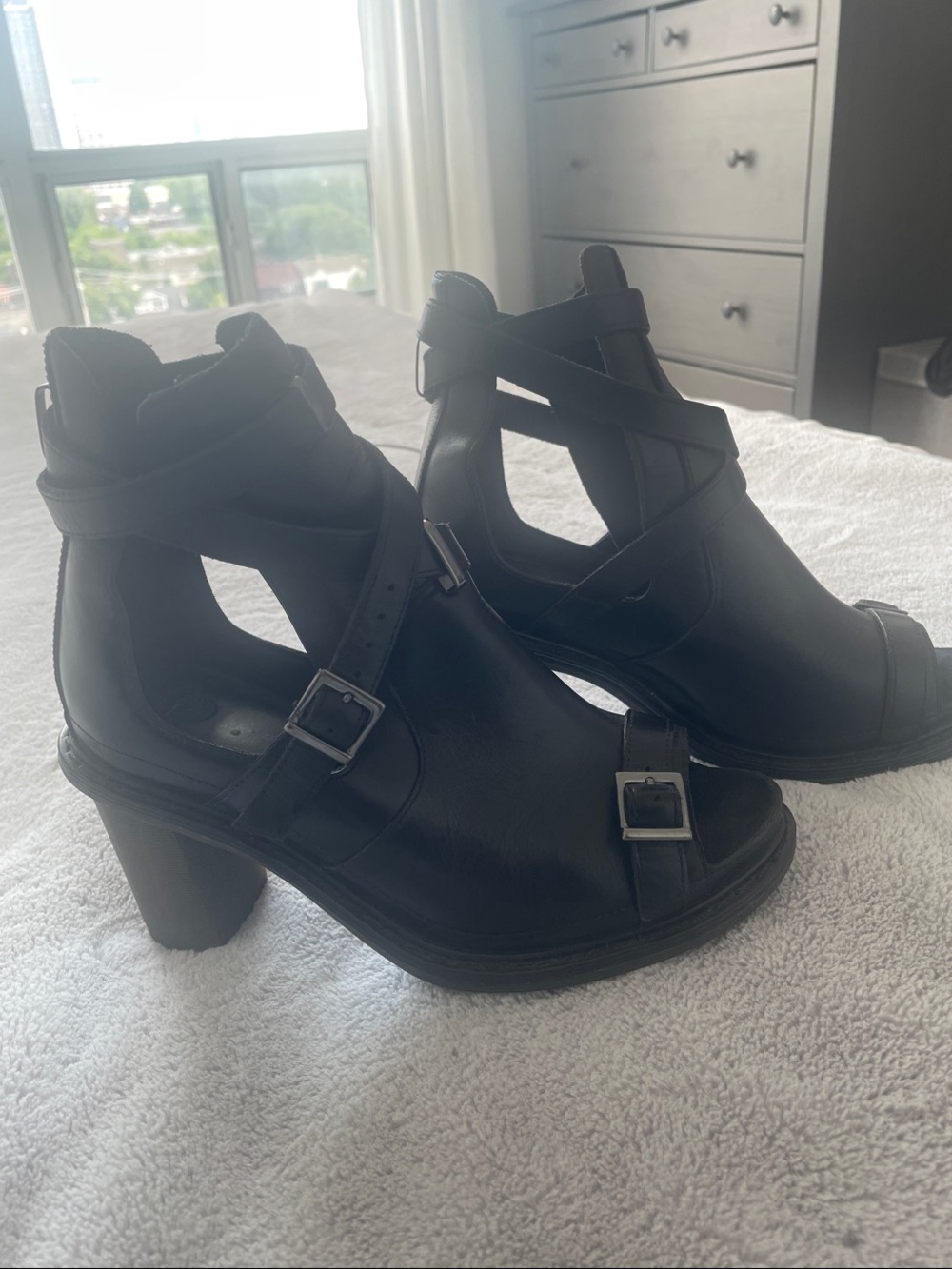 Dr. Martens Candice Black Brando Leather Cut Out Heel Ankle Boot Sandals US 8